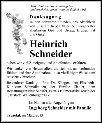 Traueranzeige von Heinrich Schneider von Südthüringer Presse