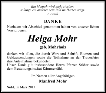 Traueranzeige von Helga Mohr von Südthüringer Presse