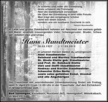 Traueranzeige von Hans Staudtmeister von Südthüringer Presse