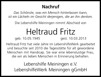 Traueranzeige von Heltraud Fritz von Südthüringer Presse