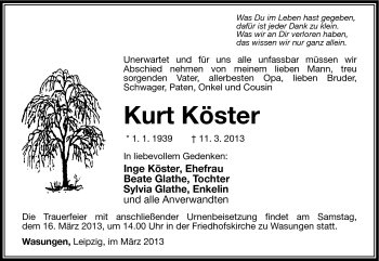 Traueranzeige von Kurt Köster von Südthüringer Presse