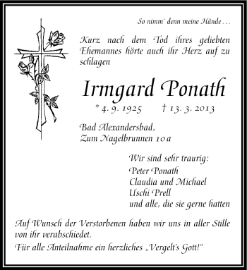 Traueranzeige von Irmgard Ponath von Frankenpost