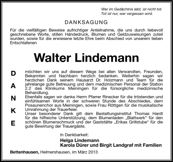 Traueranzeige von Walter Lindemann von Südthüringer Presse