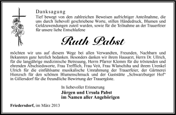 Traueranzeige von Ruth Pabst von Südthüringer Presse