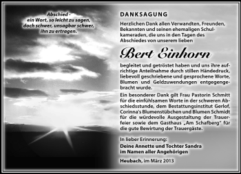 Traueranzeige von Bert Einhorn von Südthüringer Presse
