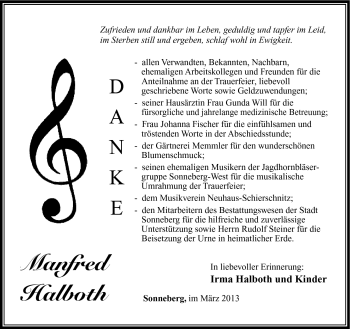 Traueranzeige von Manfred Halboth von Südthüringer Presse