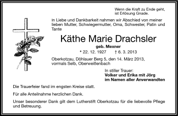 Traueranzeige von Käthe Marie Drachsler von Frankenpost