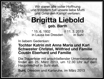 Traueranzeige von Brigitta Liebold von Südthüringer Presse
