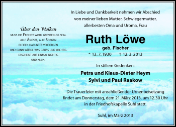 Traueranzeige von Ruth Löwe von Südthüringer Presse