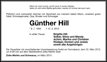 Traueranzeige von Günther Hill von Südthüringer Presse