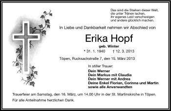 Traueranzeige von Erika Hopf von Frankenpost