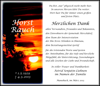 Traueranzeige von Horst Rauch von Südthüringer Presse