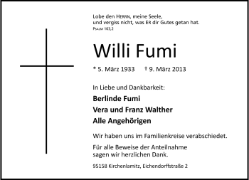 Traueranzeige von Willi Fumi von Frankenpost