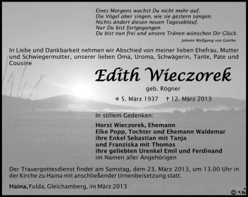 Traueranzeige von Edith Wieczorek von Südthüringer Presse