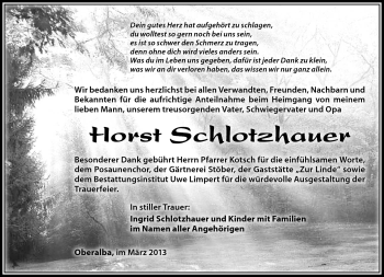 Traueranzeige von Horst Schlotzhauer von Südthüringer Presse