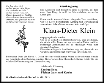 Traueranzeige von Klaus-Dieter Klein von Südthüringer Presse