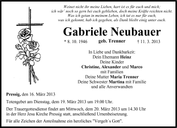 Traueranzeige von Gabriele Neubauer von Neue Presse Coburg