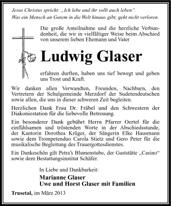 Traueranzeige von Ludwig Glaser von Südthüringer Presse