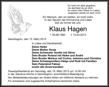 Traueranzeige von Klaus Hagen von Frankenpost