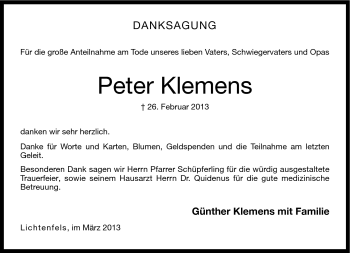 Traueranzeige von Peter Klemens von Neue Presse Coburg