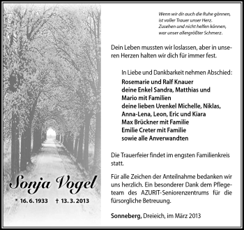 Traueranzeige von Sonja Vogel von Südthüringer Presse