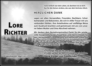 Traueranzeige von Lore Richter von Südthüringer Presse