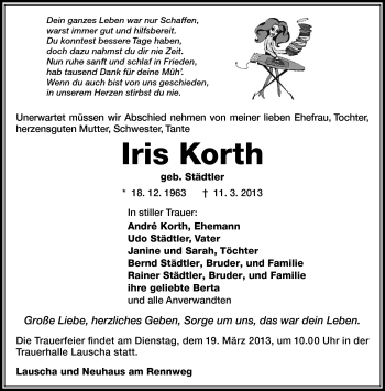 Traueranzeige von Iris Korth von Südthüringer Presse