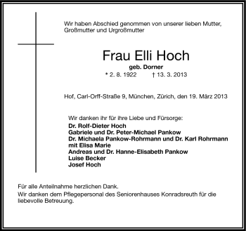 Traueranzeige von Elli Hoch von Frankenpost