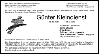 Traueranzeige von Günter Kleindienst von Neue Presse Coburg