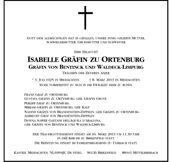Traueranzeige von Isebelle Adrienne Gräfin zu Ortenburg von Neue Presse Coburg