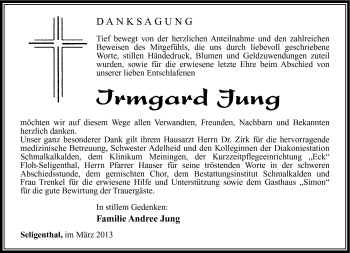 Traueranzeige von Irmgard Jung von Südthüringer Presse