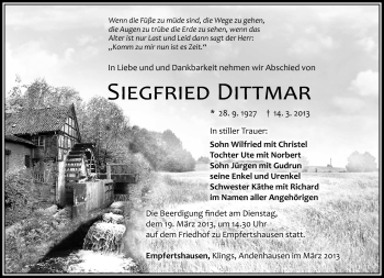 Traueranzeige von Sigfried Dittmar von Südthüringer Presse
