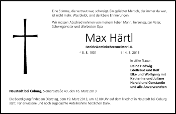 Traueranzeige von Max Härtl von Neue Presse Coburg