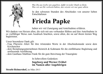 Traueranzeige von Frieda Papke von Südthüringer Presse