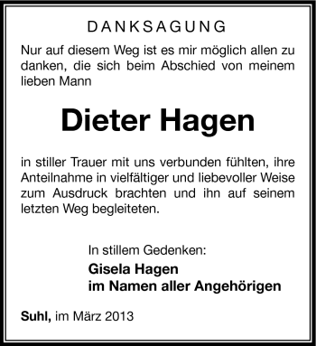 Traueranzeige von Dieter Hagen von Südthüringer Presse