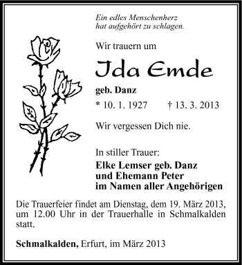 Traueranzeige von Ida Emde von Südthüringer Presse