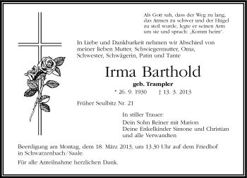 Traueranzeige von Irma Barthold von Frankenpost