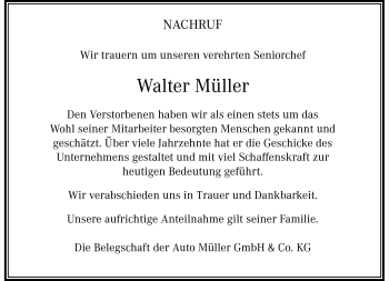 Traueranzeige von Walter Müller von Frankenpost