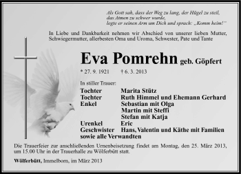 Traueranzeige von Eva Pomrehn von Südthüringer Presse