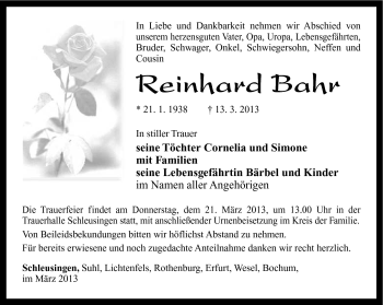 Traueranzeige von Reinhard Bahr von Südthüringer Presse