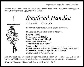 Traueranzeige von Siegfried Handke von Südthüringer Presse