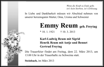Traueranzeige von Emmy Reum von Südthüringer Presse