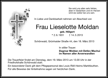 Traueranzeige von Lieselotte Moldan von Frankenpost