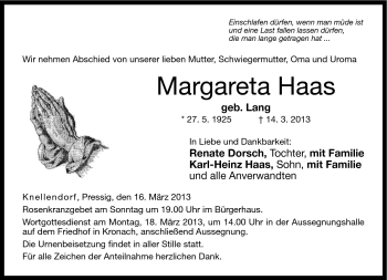 Traueranzeige von Margarete Haas von Neue Presse Coburg