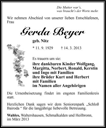 Traueranzeige von Gerda Beyer von Südthüringer Presse