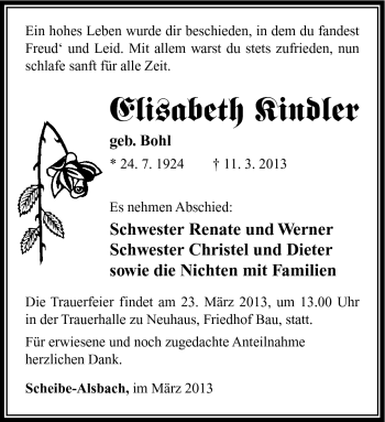 Traueranzeige von Elisabeth Kindler von Südthüringer Presse
