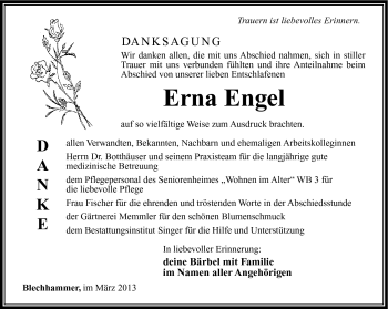 Traueranzeige von Erna Engel von Südthüringer Presse