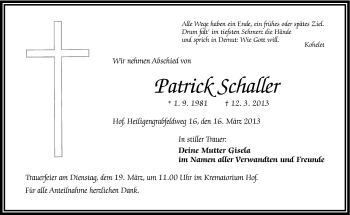Traueranzeige von Patrick Schaller von Frankenpost