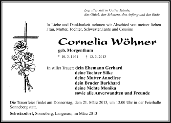 Traueranzeige von Cornelia Wöhner von Südthüringer Presse