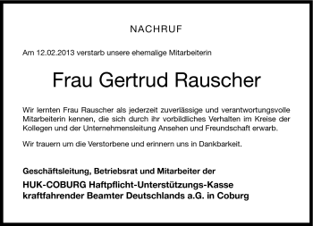 Traueranzeige von Gertrud Rauscher von Neue Presse Coburg